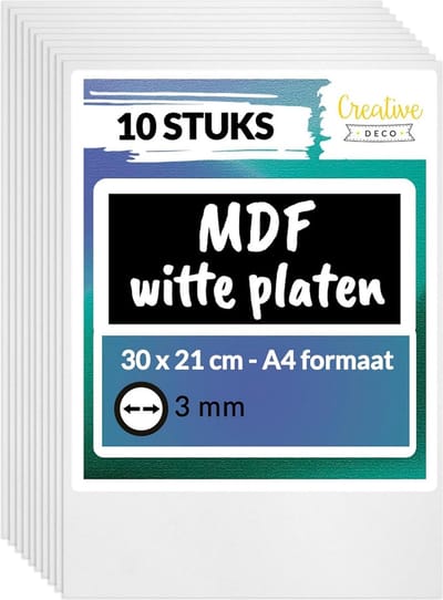Creative Deco 10 x A4 MDF - Plaat Wit | 300 x 210 x 3 mm | Perfect voor Lasersnijden, CNC - Frezen, Modelleren, Freeswerk, Figuurzagen