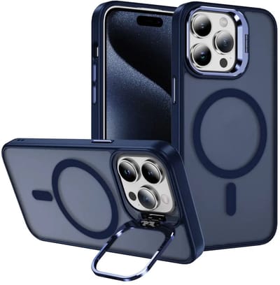 Hoesje Geschikt voor Apple iPhone 15 Pro - Compatibel met MagSafe & Qi2 - Back Cover met Standaard - Camera Kickstand - Blauw