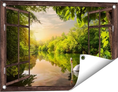 Gards Tuinposter Doorkijk Zwaan op het Water in het Bos - 60x40 cm - Tuindoek - Tuindecoratie - Wanddecoratie buiten - Tuinschilderij
