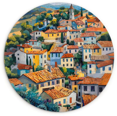 WallCircle® Wandcirkel 120x120 cm - Muurcirkel Dorp - Heuvels - Landschap - Bomen - Muurdecoratie woonkamer - Wanddecoratie slaapkamer - Kamer decoratie accessoires - Ronde schilderijen XXL