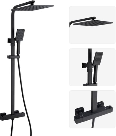 Auralum Max Thermostatische Doucheset Zwart - 25CM Vierkante Regendouche - Handdouche en Thermostaatkraan - Regendoucheset - Verstelbaar Hoogte 97-130 cm - Waterbesparend - Zwart