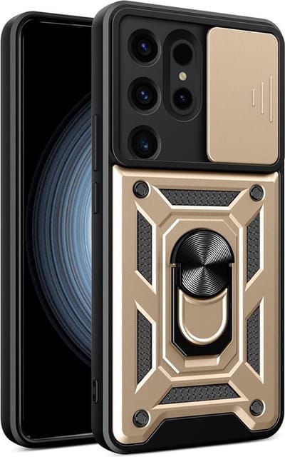 MobyDefend Hoesje - Geschikt voor Samsung Galaxy S24 Ultra - Pantsercase Met Draaibare Ring - Goud