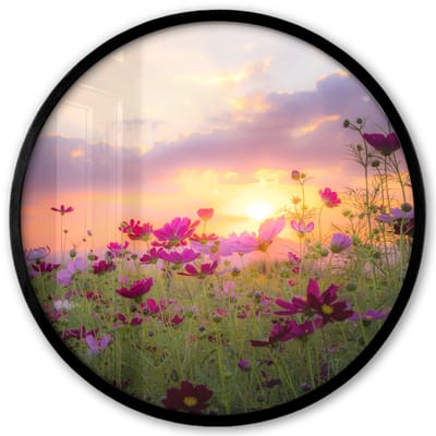Poster in lijst Rond - Fotolijst 40x40 cm - Posters - Bloemen - Roze - Zonsondergang - Natuur - Weide - Horizon - Ronde posterlijst zwart - Decoratie - Wanddecoratie woonkamer - Muurdecoratie slaapkamer
