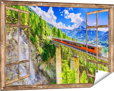 Gards Tuinposter Doorkijk Trein op een Brug bij een Waterval in Zwitserland - 120x80 cm - Tuindoek - Tuindecoratie - Wanddecoratie buiten - Tuinschilderij