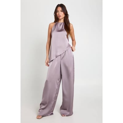 boohoo Dames Halternek Asymmetrische Satijn Cami & Broek Co-ord | Mauve | Maat: 6