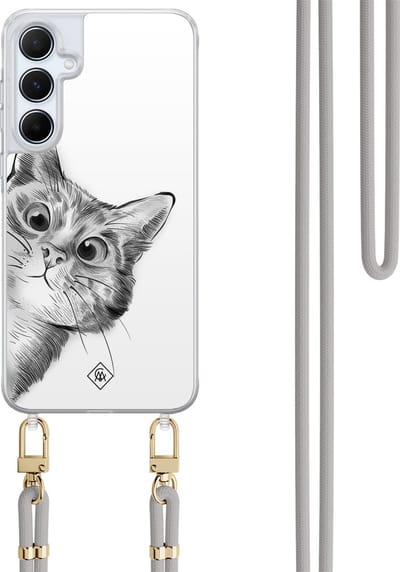 Casimoda® hoesje met koord - Geschikt voor Samsung A55 - Peekaboo Kat - Afneembaar koord - TPU/polycarbonaat - Grijs