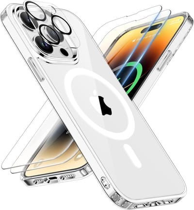 Magnetic Clear Hoesje Geschikt voor: iPhone 14 Pro Max Case [Compatibel met Magsafe] [2x Glazen Screen Protector] [Camera Protector] Schokbestendige Telefoonhoes Cover - Transparant