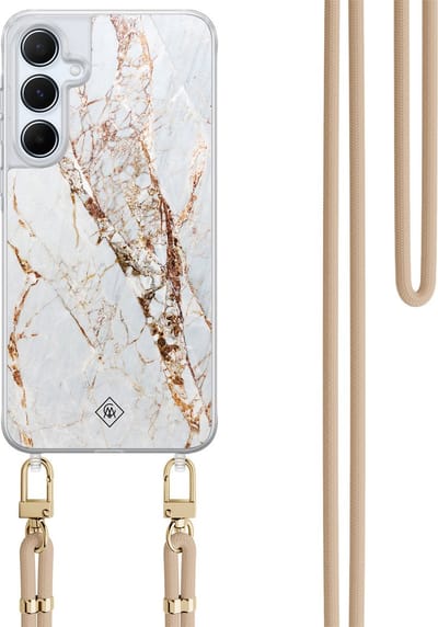 Casimoda® hoesje met koord - Geschikt voor Samsung A15 - Marmer Goud - Afneembaar koord - TPU/polycarbonaat - Goudkleurig