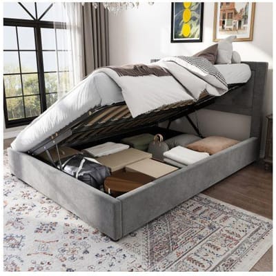 Gestoffeerd bed - MUVOE - 140x200 cm - Grijs - Lattenbodem inbegrepen - Geoptimaliseerde opbergruimte grijs