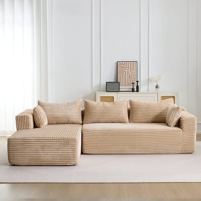 Multifunctionele L-vormige Corduroy Slaapbank–Zacht & Comfortabel –2-in-1 Design–Geschikt voor 3 Personen–Corduroy Stof – Flexibele Opstelling–Te Gebruiken als Logeerbed, Bank en Ligstoel–Voor Woonkamer/Slaapkamer–Moderne Bank Zonder Montage–Beige