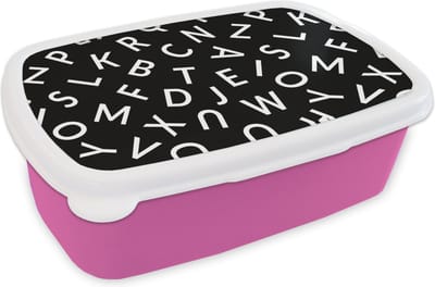 Broodtrommel Roze - Lunchbox - Brooddoos - Letters - Patronen - Zwart - Wit - 18x12x6 cm - Kinderen - Meisje