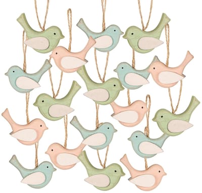 Cosensi- Houten Hangers - 18 Vogels - Lente/Paasdecoratie - Cadeau - Decoratie - Pastelkleuren - 6 cm - Decoratiehangers