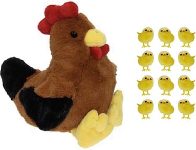 Decoris Pluche bruine kippen knuffel - 25 cm - met 12x stuks mini kuikentjes 3.5 cm - Paas/pasen decoratie