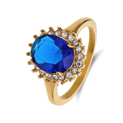 Lucardi Dames Stalen goldplated vintage ring met blauw zirkonia - Ring - Staal - Goudkleurig - 15 / 47 mm