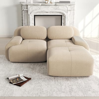 BLACKCOLORS Hoekbank 82'' van zacht corduroy, modulair combineerbaar met gebogen armleuningen, zonder montage, hoogelastische schuimvulling voor de woonkamer, ontspanningsruimtes en slaapkamer, beige
