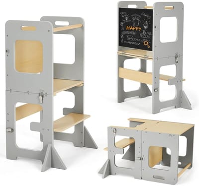 ApexArte® Leertoren Opvouwbaar - Keukenhulp Kinderen - Kinderspeelgoed 3 Jaar - Montessori - Grijs