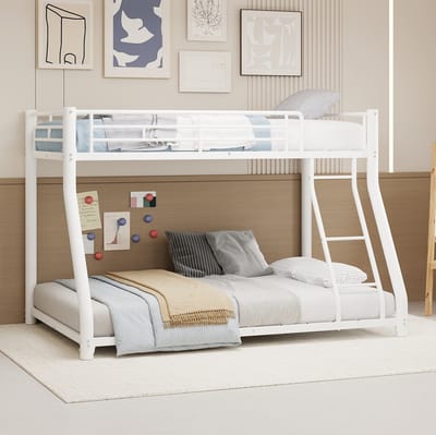MIVRAY Stapelbed 90x190 140x190 cm - Met Ladder en Verhoogde Uitvalbeveiliging - Zonder Matras - Metaal - Wit
