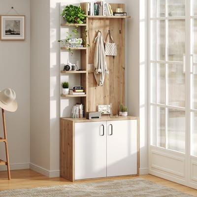 MODENUIT Garderobekast - 6 Open Vakken En 2-Deurs Schoenkast - Voor Hal - Spaanplaat Wit/Hout - 75x33x180 cm
