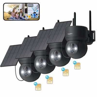 TWUFY 4G Beveiligingscamera Buiten met Simkaart - 2K Ultra HD - Beveiligingscamera Draadloos - BuitenGeen wifi nodig - Buiten camera met nachtzicht – Full HD – Bestuurbaar - Bewegingsdetectie - Gratis App - Incl. Zonnepaneel - 4 Stuks