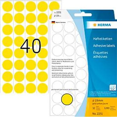 HERMA zelfklevende stippen 2251, Ø 19 mm, zelfklevend, permanent, met de hand beschrijfbaar, 1280 stuks op 32 vellen, FSC®-papier, geel