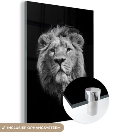 MuchoWow® Glasschilderij 90x120 cm - Schilderij acrylglas - Leeuw - Portret - Zwart - Wit - Foto op glas - Schilderijen