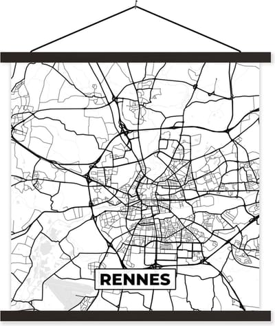 Posterhanger incl. Poster 60x60 cm - Schoolplaat - Kaart - Stadskaart - Rennes - Frankrijk - Plattegrond - Zwart wit - Textielposter - Zwarte latten - Stadskaart