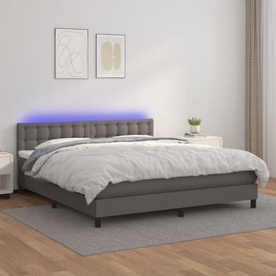 vidaXL - Boxspring - met - matras - en - LED - kunstleer - grijs - 160x200 - cm