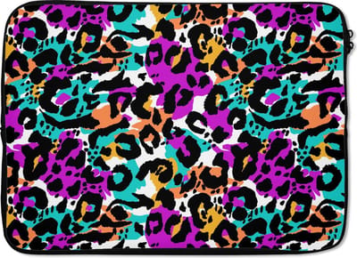 Laptophoes 14 inch - Panterprint - Regenboog - Vlekken - Laptop sleeve - Binnenmaat 33x23 cm - Zwarte achterkant