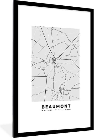 Fotolijst incl. Poster Zwart Wit- Plattegrond – Beaumont – Zwart Wit – Stadskaart - Kaart - 80x120 cm - Posterlijst