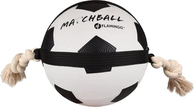 Hondenspeelgoed – Matchball voetbal met touw – Flamingo hondenspeelgoed – hondentouw – hond bal – honden bal – 22 cm – wit/zwart