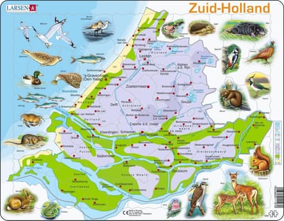 Larsen Zuid-Holland met dieren – Puzzel – Kaarten & Geografie – Nederland – Educatieve legpuzzel voor kinderen – 62 stukjes – Gemaakt in Noorwegen – Extra dikke 2,5 mm stukjes – Tray met vaste rand