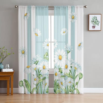 Bloem Madeliefje Lente Zomer Aquarel Voile Doorzichtig Gordijn Woonkamer Raam Tule Gordijn Keuken Slaapkamer Gordijnen Huisdecoratie 135W x 114H(cm) white
