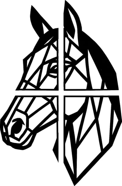 Paard geometrische line-art wanddecoratie – dierenkop wandbord – groot 76×49,0 cm – 4-delig – populierenhout zwart