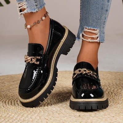 Retro Ketting Lage Hak Pumps Damesmode Helder Zwart PU Leer Platform Loafers plus Maat Dikke Zool Antislip Uniform Schoenen 40 brown