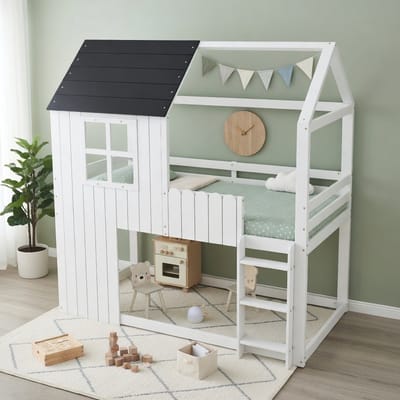 Gutent-Hoogslaper kind met huisvorm-ontwerp-dreistufige opbergtrap-omheining aan alle zijden-houten constructie-wit-zwart-90x200 cm