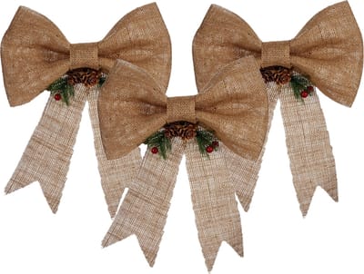 3x stuks kerstboomversieringen ornament strikjes/strikken jute beige 25 x 26 cm