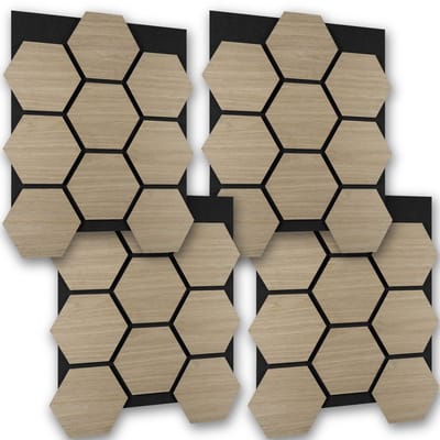 tectake® Akoestische Hexagon Panelen - Set van 4 - Akoestisch Wandpaneel - 76 x 62 cm - Wandpanelen met Aanpasbare Grootte en Patronen - MDF en Houtfineer - Geluidsisolatie - Stijlvolle Wanddecoratie - Eenvoudige Montage - Donker Eiken