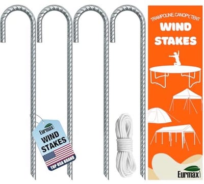 Eurmax USA Trampolines Stakes Heavy Duty Grondpalen Luifel Onderdelen Wind Stake met Touw 30 cm Heavy Duty Staak Veiligheid Grondanker Gegalvaniseerd Staal J-vormig, Pack van 4 (Zilver)