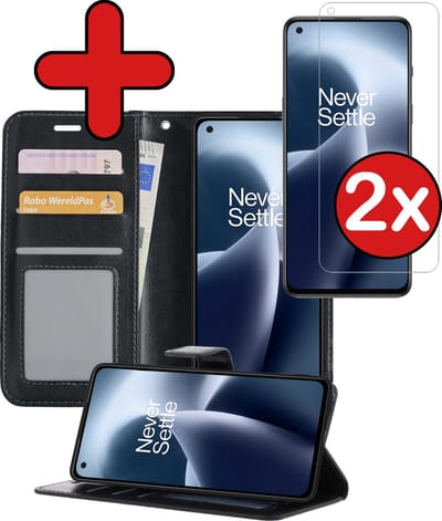 Hoesje - Met 2x Screenprotector - Geschikt voor OnePlus Nord 2T - Luxe Pasjeshouder - Flip Case - Bookcase Portemonee - Kunstleer Book Case - Flipcase Hoes - Book Cover - Walletcase - Portemonneehoes - Telefoonhoes - Zwart