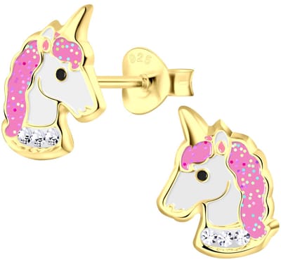Joy|S - Zilveren eenhoorn oorbellen - 8 x 11 mm - unicorn oorknoppen - gold plated