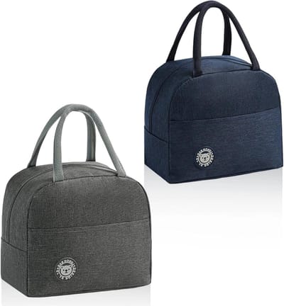 Lunch Tas, 2 x Kleine Koeltassen, Grijs en Marineblauw Mini Koeltas met Zijvakken en Handvatten, Ideaal voor School, Familie en Kantoorgebruik