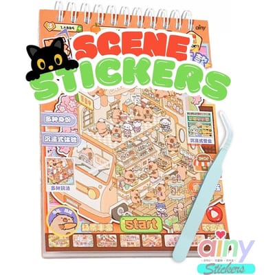 Ainy - Scene 3D Stickerboek Capibara Oranje S | Inclusief Pincet | Set van 10 Achtergronden 11*15cm met PET Stickers | Capybara & Kat miniatuur sticker | Creatief & Rustgevend vakantieboek | Stickervellen voor volwassenen en kinderen