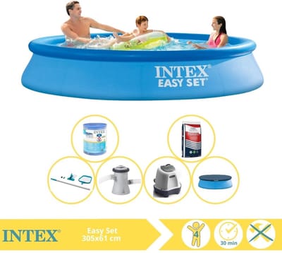 Intex Rond Opblaasbaar Easy Set Zwembad - 305 x 61 cm - Blauw - Inclusief Afdekzeil - Zwembadfilterpomp - Filter - Schoonmaakset - Zoutwatersysteem - Zwembadzout - 7-delig