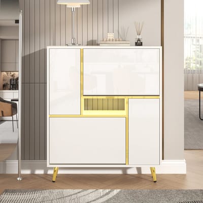 Schoenenkast Hoogglans Wit - Moderne Schoenenkast met 16 Kleuren LED Verlichting en Gouden Accenten - 80x25x96 cm