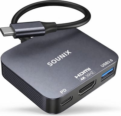 Sounix USB-C naar HDMI - 4K@30Hz HDMI - usb c hdmi - USB 3.0 (5Gbps) - USB-C Opladen (tot 100W) - 3in1 Adapter - hdmi splitter - Aluminium - Grijs