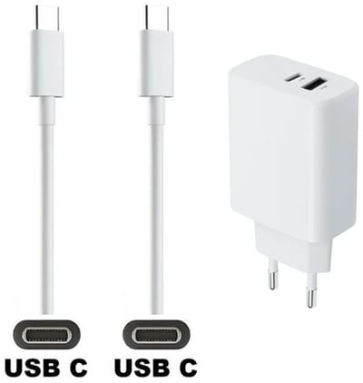 OneOne 25W super snellader met 2 poorten. Oplader met sterke 1,5m USB C naar C kabel. PD lader adapter past op Universeel Jabra, JVC, Lotoo, MARSHALL, Medion, Nikon, Panasonic, RICOH, Pocketbook, Rollei, Emporia, Bea-Fon / Beafon