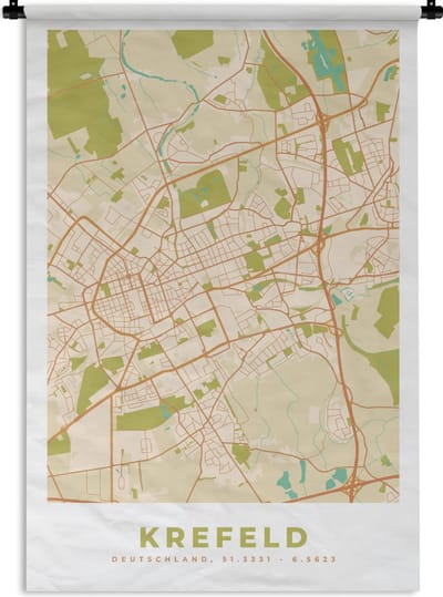 Wandkleed - Wanddoek - Stadskaart - Krefeld - Kaart - Vintage - Plattegrond - 120x180 cm - Wandtapijt