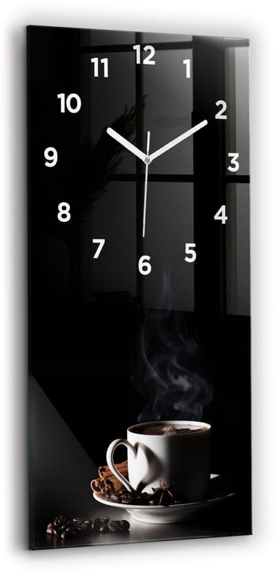 Wallfluent Wandklok - Een kopje koffie Stijlvolle Klok - 30 cm x 60 cm - Zwart Wandklok - Witte Handen - Wandklok Met Cijfers - Stille Wandklok Slaapkamer - Rechthoekige Glas Klok - Industrieel Wandklok - Stijlvolle Klok