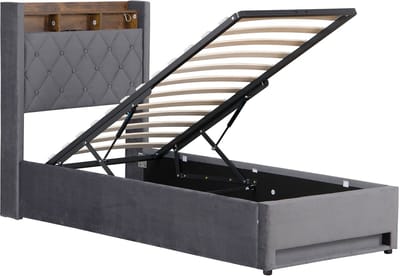 MODFU Gestoffeerd Eenpersoonsbed met LED 90x200 cm – 216x92,5x117 cm – Meerkleurig hoofdbord – Hoog frame – Fluweel grijs – Tiener/logeerkamer