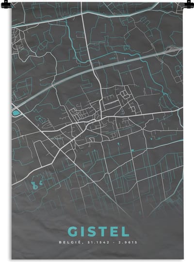 Wandkleed - Wanddoek - Kaart – Plattegrond – Stadskaart – Gistel – België - Grijs - 120x180 cm - Wandtapijt